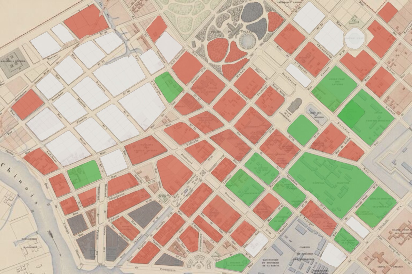 SAM plot-pass output on 1882 Saigon cadastral map — city blocks colour-coded by property class